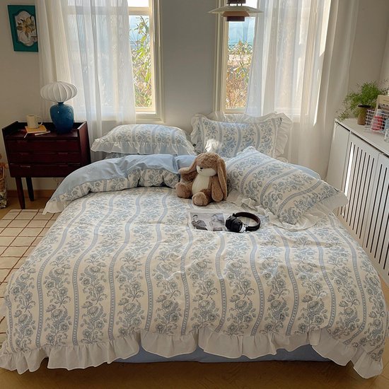 550x550-13859.jpg Unyqoos® Omkeerbaar katoenen dekbedovertrek met blauwe bloemen en ruches voor meisjes