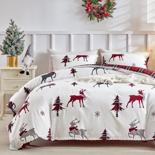Unyqoos® Drie-delige kerst beddenset met rendiermotief voor gezellige winternachten