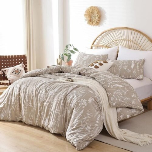 Unyqoos® 4-delige omkeerbare beddengoedset met bloemenpatroon in kaki en beige tinten