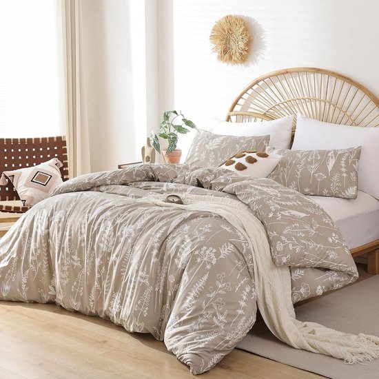 Unyqoos® 4-delige omkeerbare beddengoedset met bloemenpatroon in kaki en beige tinten