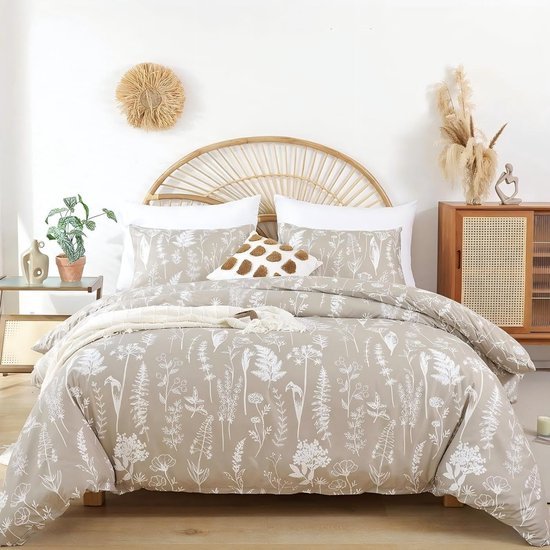 Unyqoos® 4-delige omkeerbare beddengoedset met bloemenpatroon in kaki en beige tinten