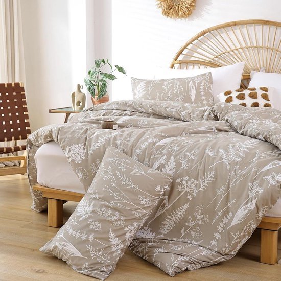Unyqoos® 4-delige omkeerbare beddengoedset met bloemenpatroon in kaki en beige tinten