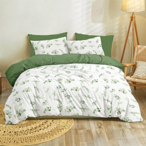 Unyqoos® Comfortabele beddengoedset van microvezel met botanisch design in saliegroen