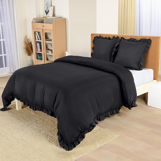 550x550-13921.jpg Unyqoos® Zacht en stijlvol zwart microvezel dekbedovertrek met ruches en kussenslopen