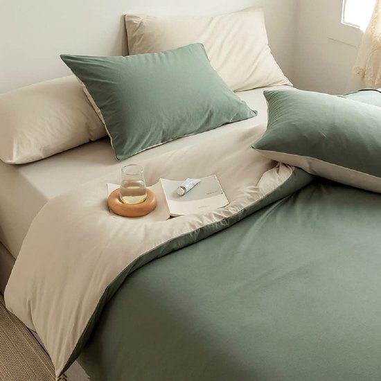 Unyqoos® Dubbelzijdig dekbedovertrekset voor tweepersoonsbed in saliegroen en abrikoos