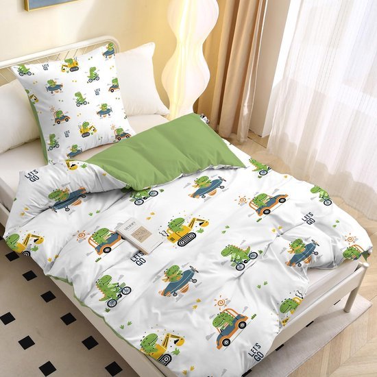 Unyqoos® Kinderdekbedovertrek met Dino en Voertuigen, 3D Print, 135x200 cm