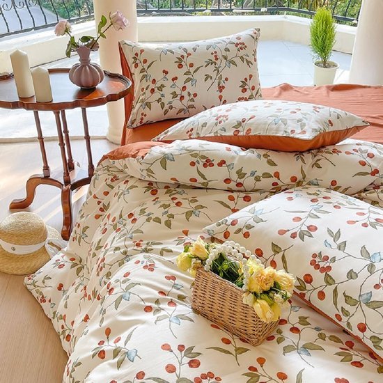 Unyqoos® Beddengoedset met Bloemen- en Bladmotief, Omkeerbaar, Microvezel, Oranje en Wit, Eenpersoons