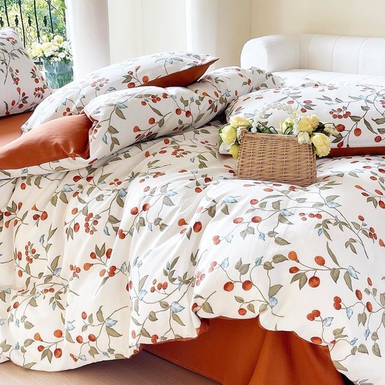 Unyqoos® Beddengoedset met Bloemen- en Bladmotief, Omkeerbaar, Microvezel, Oranje en Wit, Eenpersoons