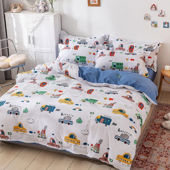 Unyqoos® Kinderbeddengoed set met kleurrijk autopatroon van zacht katoen en ritssluiting