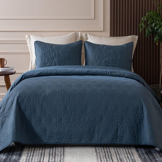 Unyqoos® Zachte en Luchtige Bedsprei Set met Geometrisch Patroon voor Alle Seizoenen, Marineblauw, Inclusief Kussenslopen