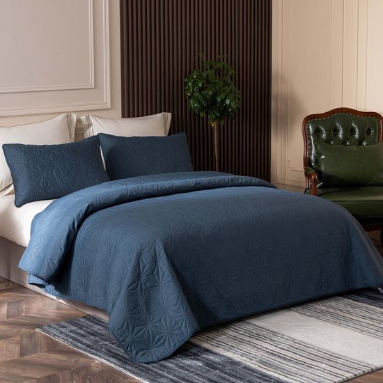 Unyqoos® Zachte en Luchtige Bedsprei Set met Geometrisch Patroon voor Alle Seizoenen, Marineblauw, Inclusief Kussenslopen