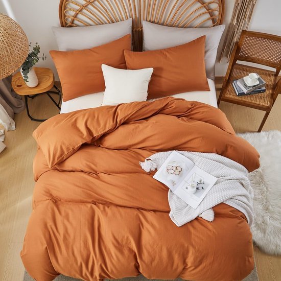 Unyqoos® Ademend dubbel mousseline beddengoed in karamel bruin met ritssluiting
