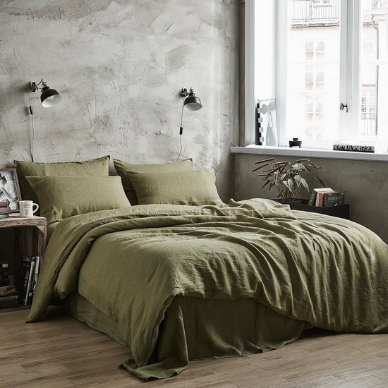 Unyqoos® Olijfgroene katoenen beddengoedset met ritssluiting en vintage uitstraling
