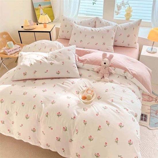 Unyqoos® Beddengoedset Meisjes – Roze Tulpen – Omkeerbaar – 100% Microvezel - 135 x 200 cm