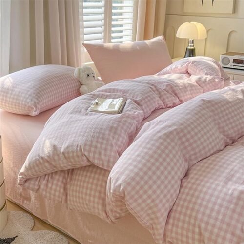 550x550-14304.jpg Unyqoos® Roze geruite kinderbeddengoedset van microvezel met ritssluiting