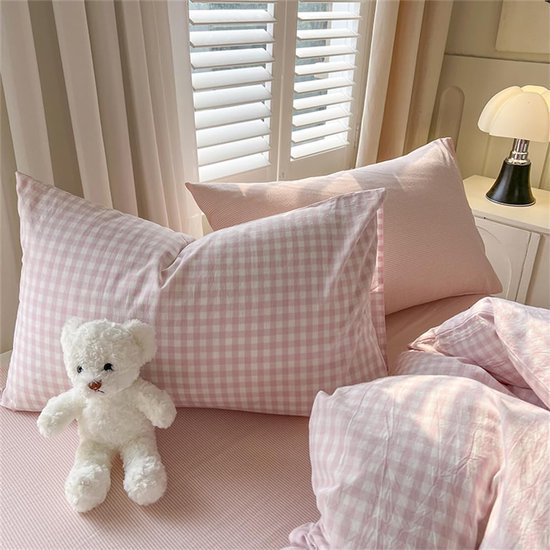 550x550-14305.jpg Unyqoos® Roze geruite kinderbeddengoedset van microvezel met ritssluiting