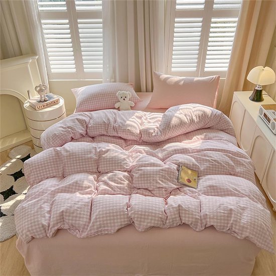 550x550-14306.jpg Unyqoos® Roze geruite kinderbeddengoedset van microvezel met ritssluiting