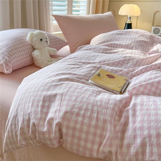 550x550-14310.jpg Unyqoos® Roze geruite kinderbeddengoedset van microvezel met ritssluiting