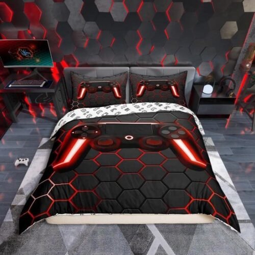 Unyqoos® Gamer Bedlinnen Set voor Jongens met Gamepad Controller Motief in Geometrisch Ontwerp