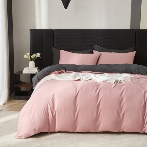 Unyqoos® Omkeerbare katoenen dekbedovertrekset voor tweepersoonsbed in roze en grijs