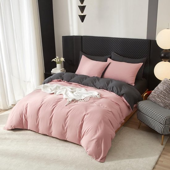 550x550-14406.jpg Unyqoos® Omkeerbare katoenen dekbedovertrekset voor tweepersoonsbed in roze en grijs