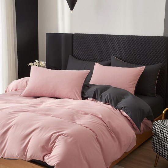 550x550-14408.jpg Unyqoos® Omkeerbare katoenen dekbedovertrekset voor tweepersoonsbed in roze en grijs