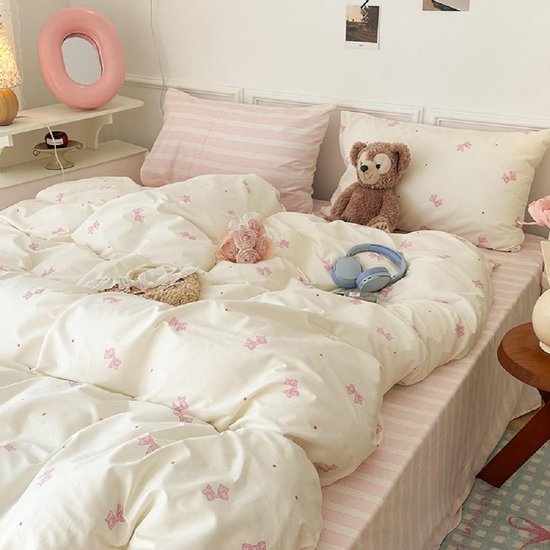 550x550-14457.jpg Unyqoos® Roze en wit gestreept beddengoed voor meisjes met strikken en ritssluiting