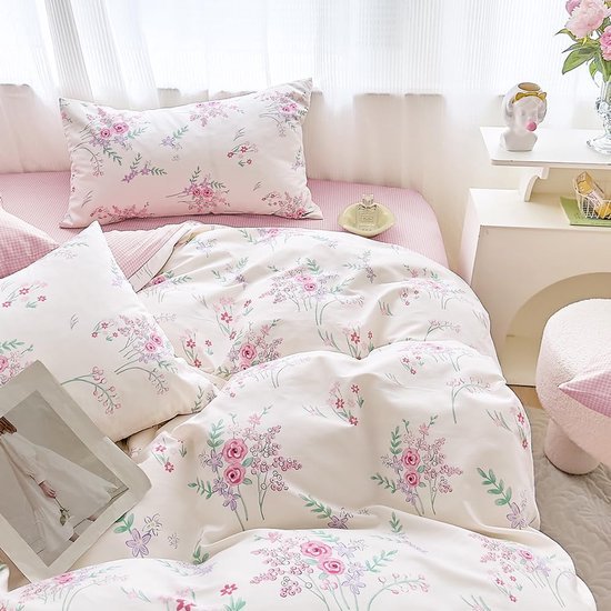 550x550-14486.jpg Unyqoos® Omkeerbaar dekbedovertrek met chique bloemen en ruitpatroon van katoen