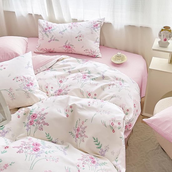 550x550-14488.jpg Unyqoos® Omkeerbaar dekbedovertrek met chique bloemen en ruitpatroon van katoen