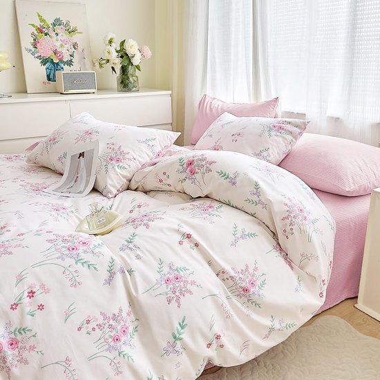 550x550-14490.jpg Unyqoos® Omkeerbaar dekbedovertrek met chique bloemen en ruitpatroon van katoen