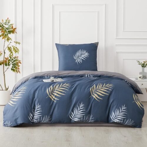 Unyqoos® Katoenen beddengoedset met botanisch ontwerp in marineblauw en goudgeel 155 x 220