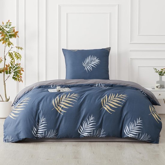 Unyqoos® Katoenen beddengoedset met botanisch ontwerp in marineblauw en goudgeel 155 x 220