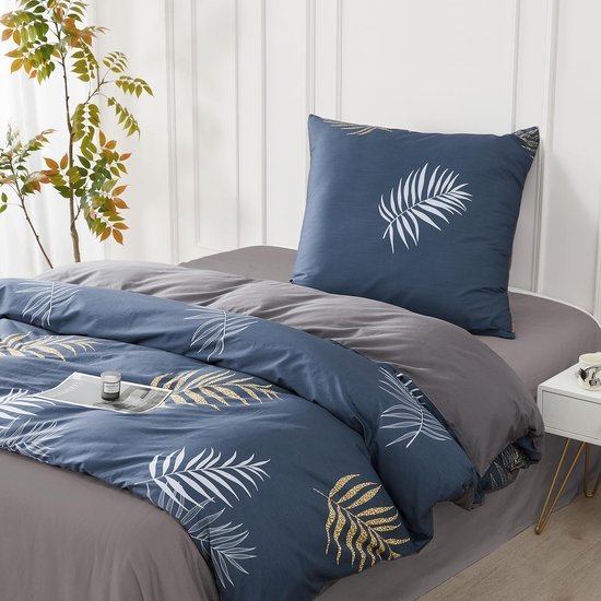 Unyqoos® Katoenen beddengoedset met botanisch ontwerp in marineblauw en goudgeel 155 x 220