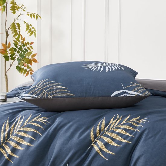 Unyqoos® Katoenen beddengoedset met botanisch ontwerp in marineblauw en goudgeel 155 x 220