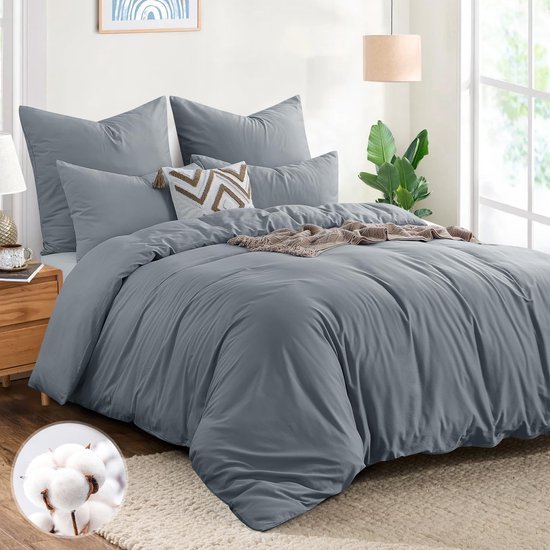 Unyqoos® Ademend katoenen dekbedovertrekset grijs met ritssluiting en kussenslopen