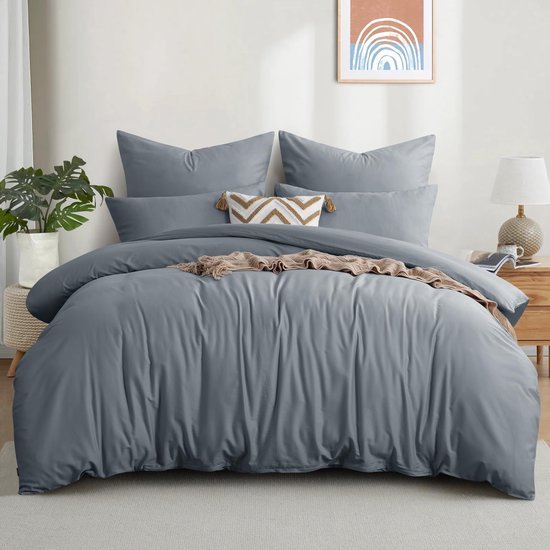 Unyqoos® Ademend katoenen dekbedovertrekset grijs met ritssluiting en kussenslopen