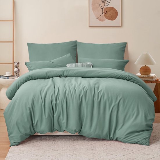 Unyqoos® Comfortabel saliegroen beddengoed van microvezel met ritssluiting en kussenslopen