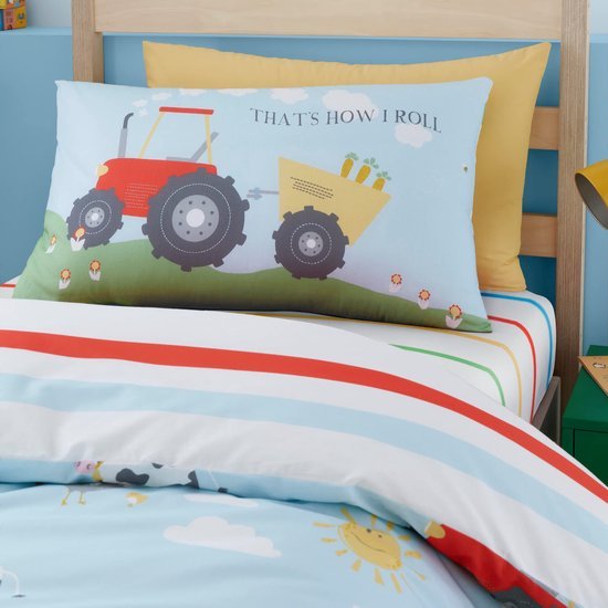 Unyqoos® Kinderbeddengoedset met boerderijdieren en tractoren, omkeerbaar ontwerp