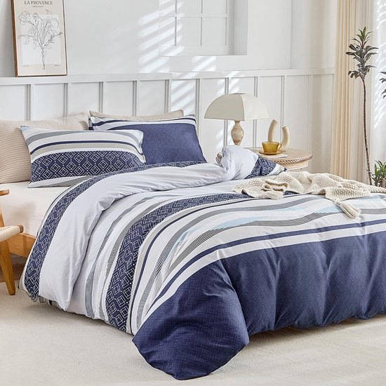 Unyqoos® Blauw gestreepte microvezel dekbedovertrekset met ritssluiting en kussenslopen
