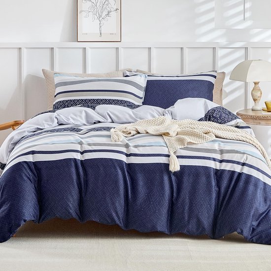 Unyqoos® Blauw gestreepte microvezel dekbedovertrekset met ritssluiting en kussenslopen