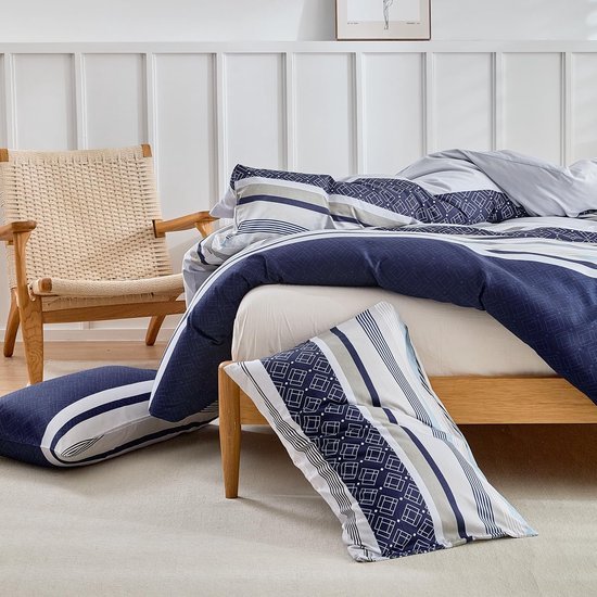 Unyqoos® Blauw gestreepte microvezel dekbedovertrekset met ritssluiting en kussenslopen
