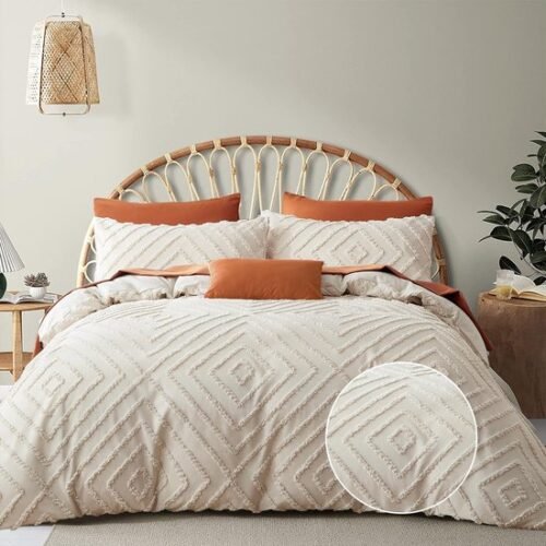 Unyqoos® Boho-Chic Beige Beddengoedset met Getuft Borduurwerk en Geometrisch Ruitontwerp