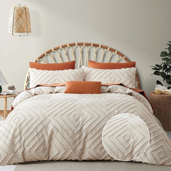 Unyqoos® Boho-Chic Beige Beddengoedset met Getuft Borduurwerk en Geometrisch Ruitontwerp