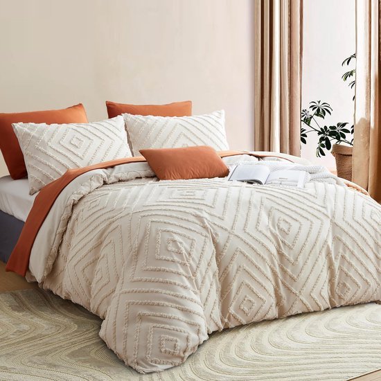 Unyqoos® Boho-Chic Beige Beddengoedset met Getuft Borduurwerk en Geometrisch Ruitontwerp