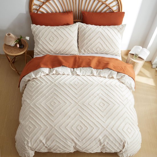 Unyqoos® Boho-Chic Beige Beddengoedset met Getuft Borduurwerk en Geometrisch Ruitontwerp