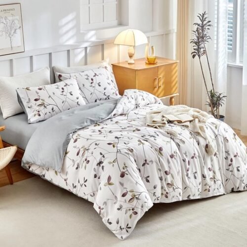 550x550-14785.jpg Unyqoos® Vierdelig beddengoed met botanisch motief en microvezel in wit en grijs