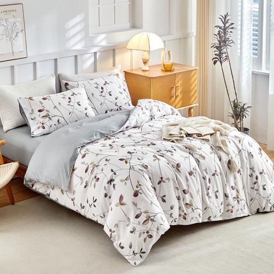 Unyqoos® Vierdelig beddengoed met botanisch motief en microvezel in wit en grijs