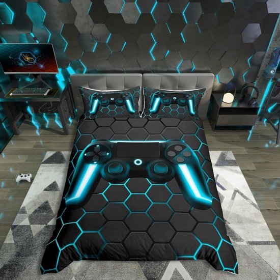 Unyqoos® Speelse Gamer Beddengoedset voor Jongens met Gamepad Controller Design en Geometrisch Honingraatpatroon