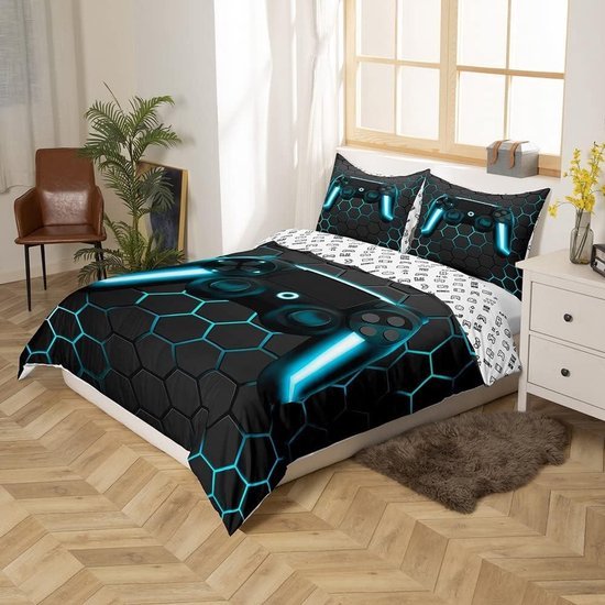 Unyqoos® Speelse Gamer Beddengoedset voor Jongens met Gamepad Controller Design en Geometrisch Honingraatpatroon