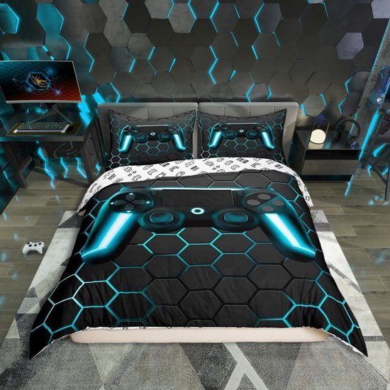 Unyqoos® Speelse Gamer Beddengoedset voor Jongens met Gamepad Controller Design en Geometrisch Honingraatpatroon